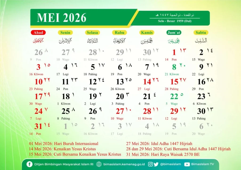 Kalender Mei 2026: Jadwal Libur, Weton, dan Agenda Olahraga Nasional